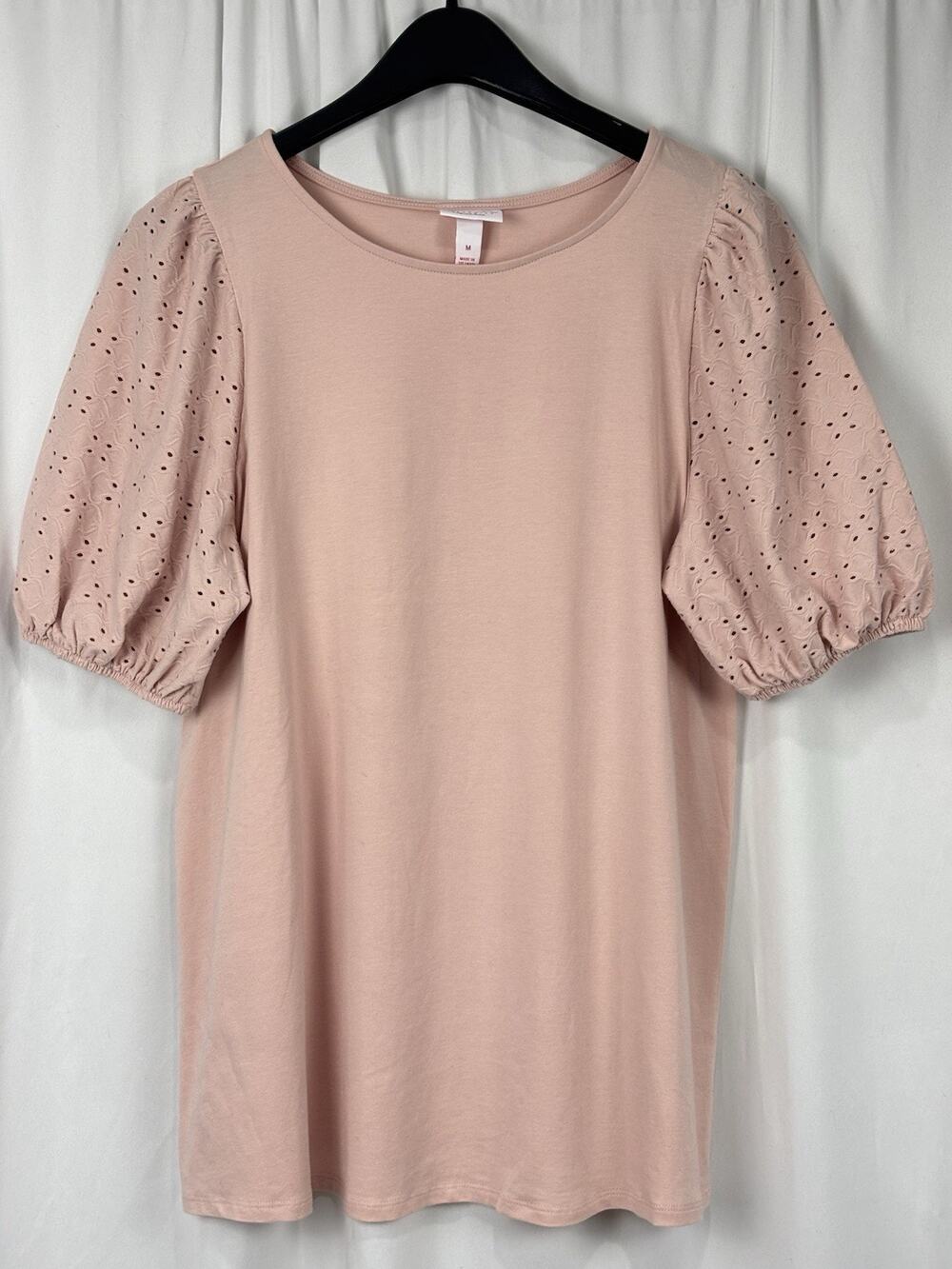 Isabel Maternity Pink Eyelet Short Puff Sleeve Knit Maternity Top Size M Preppy
